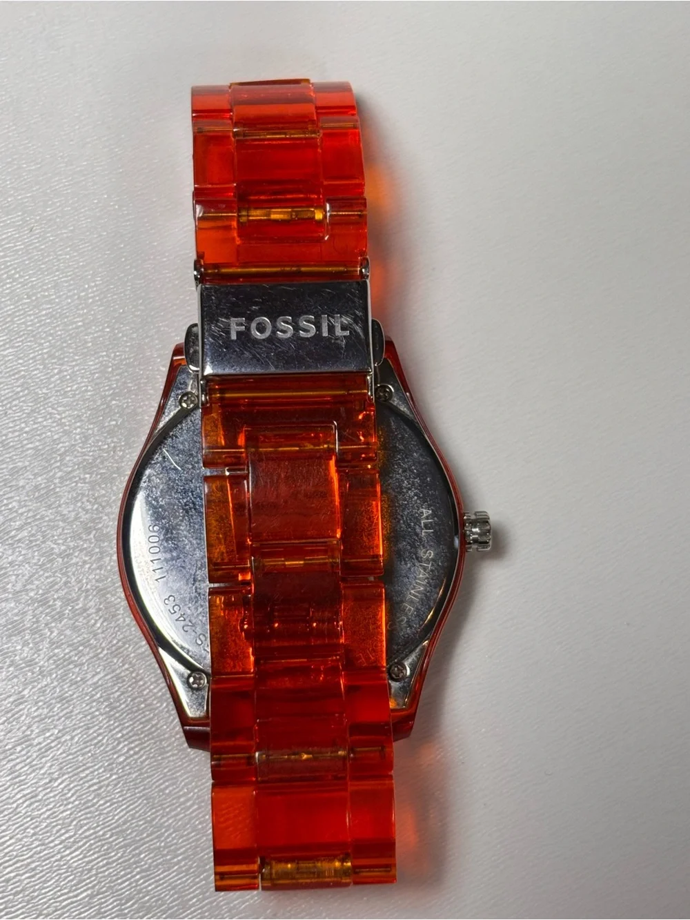 Fossil Stella Orange Red Acrylic Rhinestone Bezel Quartz Watch ES2453